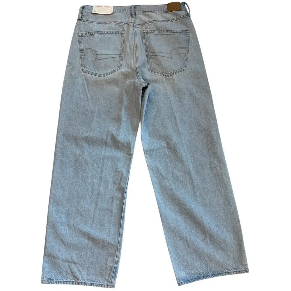 American Eagle 90s Wide Leg Jeans Womens Sz 12 Blue High Rise Stretch Light Wash